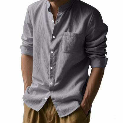 Long Sleeve Stand Collar Shirt With Pockets Casual Men&