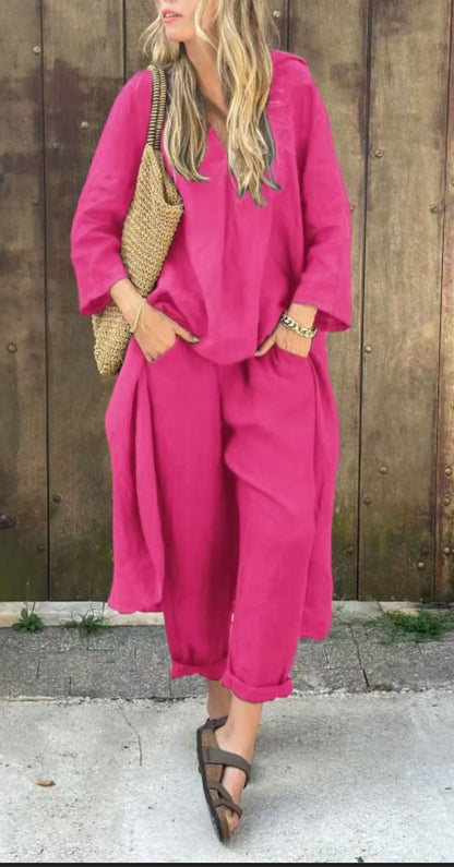 2pcs Long-sleeved Suits Loose V-neck Long Top And High Waist Wide Leg Pants With Pockets Women&