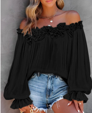 Casual Blouses Shoulder Off-Shoulder Long Sleeve Top Lotus Leaf Sleeve Shirt Loose Women&
