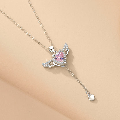 Moving Cupid Heart Angel Wings Tassel Necklace With Crystal Clavicle Chain Women Jewelry Gift Valentine&