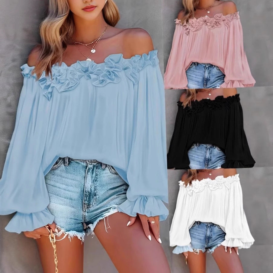 Casual Blouses Shoulder Off-Shoulder Long Sleeve Top Lotus Leaf Sleeve Shirt Loose Women&